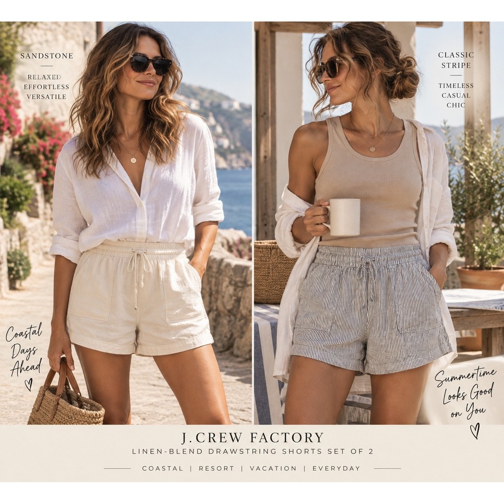 J.Crew Factory Women's Linen Blend Drawstring Shorts Lot of 2 Sandstone Stripe S